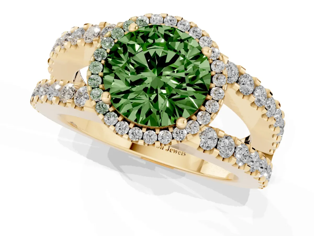 Fancy Green Round Cut Cut Halo Split Shank Diamond Ring with Four-Prong Setting Yellow gold