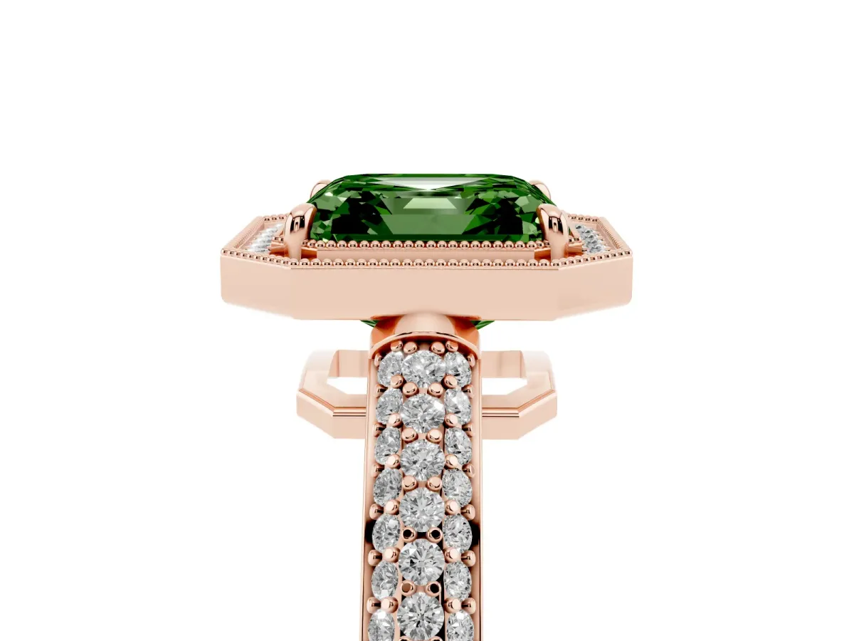 Fancy Green Asscher Cut Cut Halo Diamond Pave Band with Four-Prong Setting Rose gold