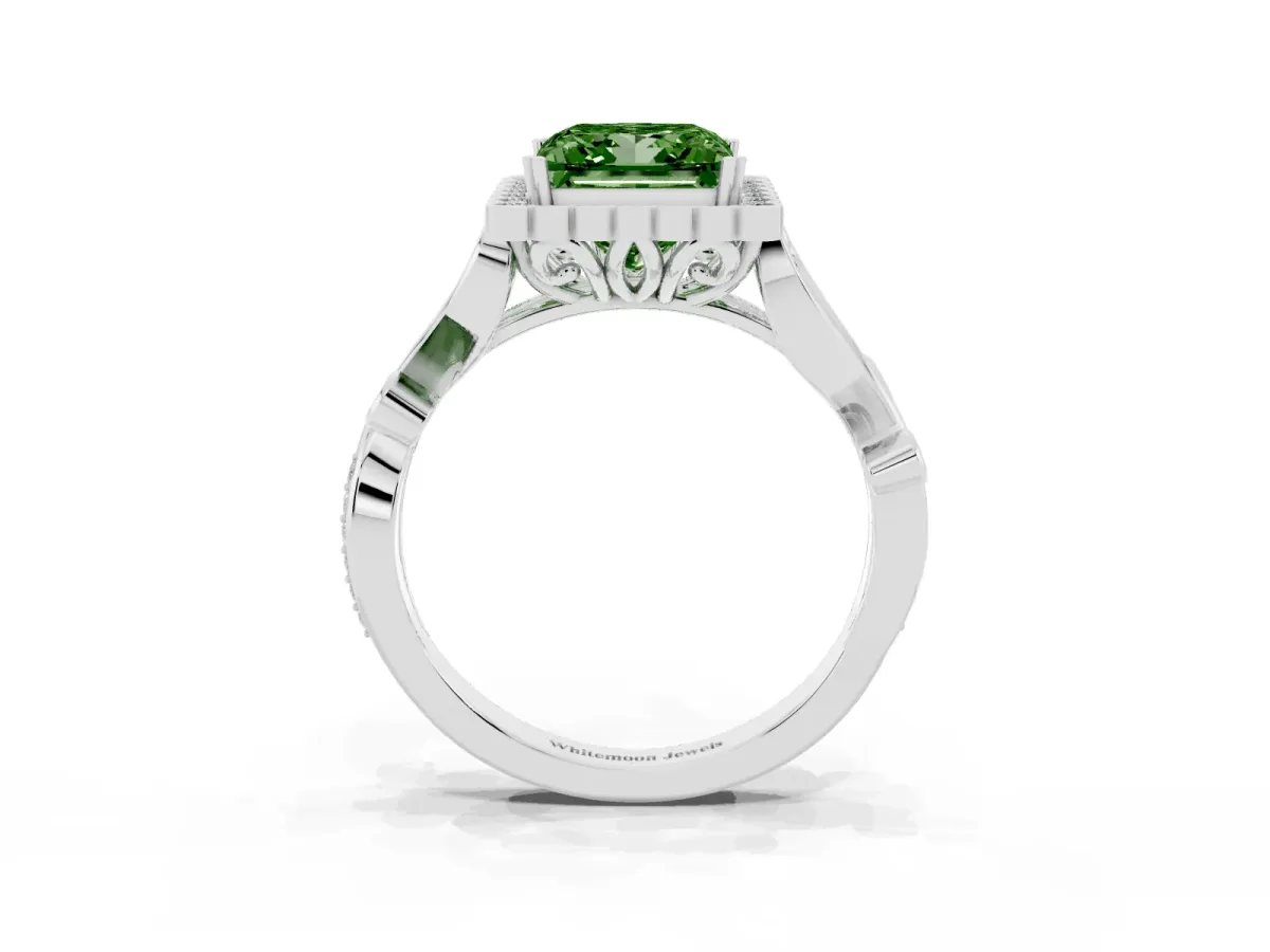 Fancy Green Princess Cut Diamond Halo Ring with Vintage Split Shank and Four-Prong Setting Platinum