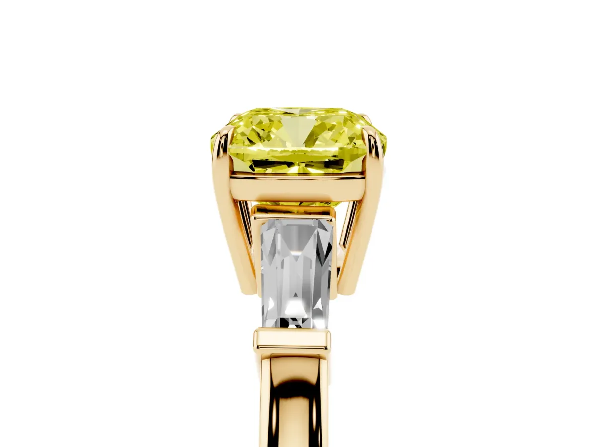 Fancy Yellow Cushion Cut Diamond Three-Stone Ring with Tapered Baguette Side Stones and Prong Setting Yellow gold