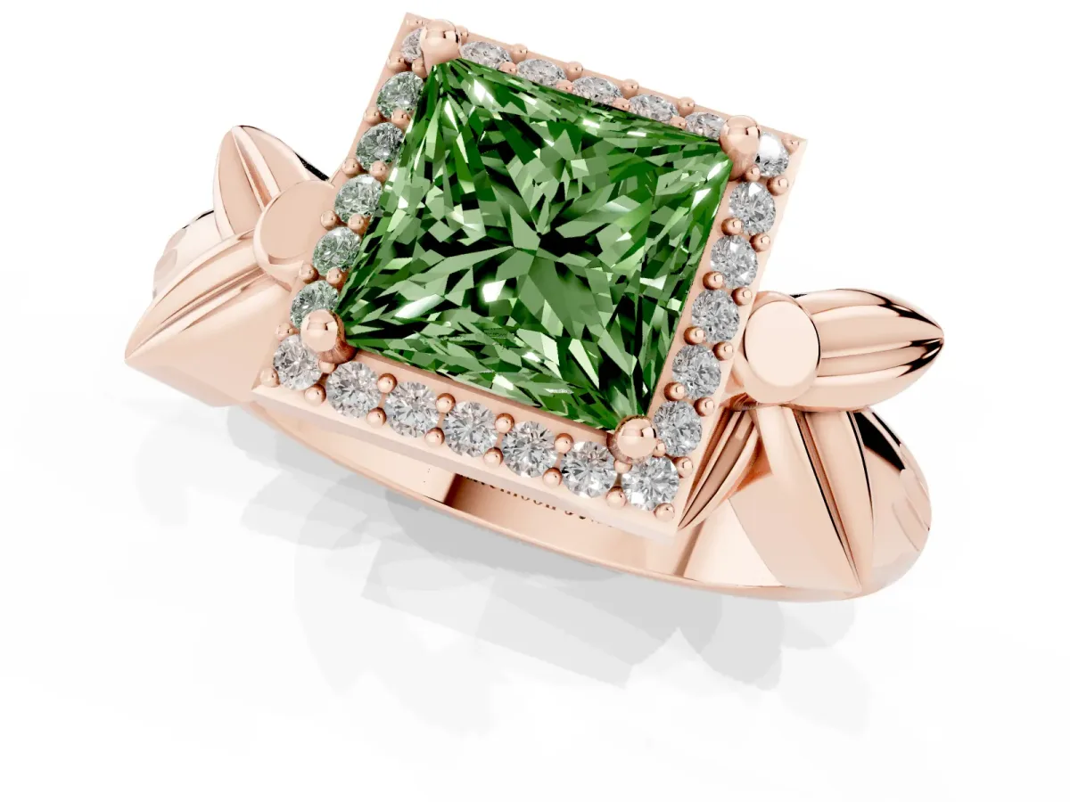 Fancy Green Princess Cut Halo Diamond Floral Band with Four-Prong Setting Rose gold