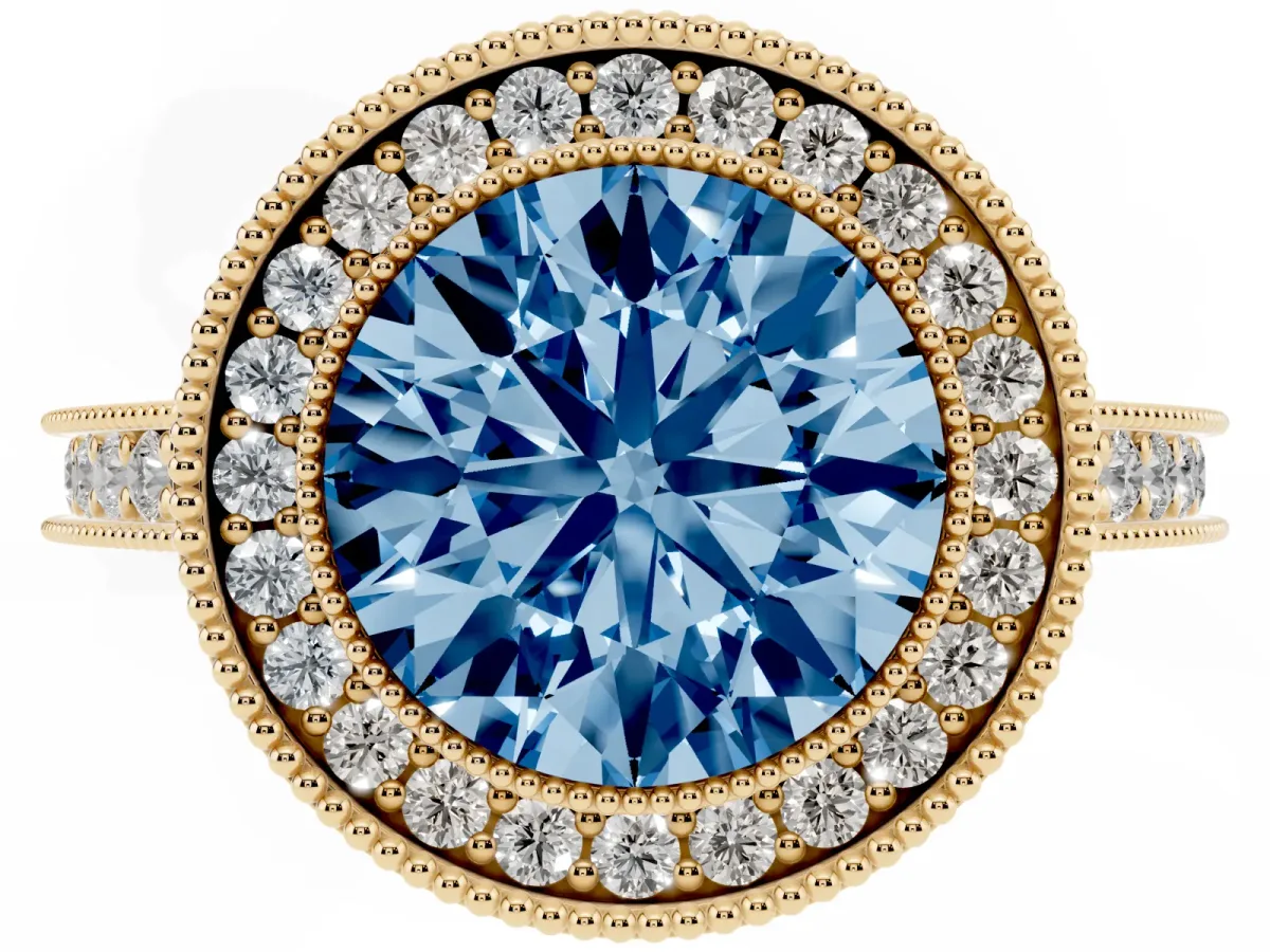 Fancy Blue Halo Round Cut-Cut Diamond Pave Band Milgrain Prong Setting Ring Yellow gold