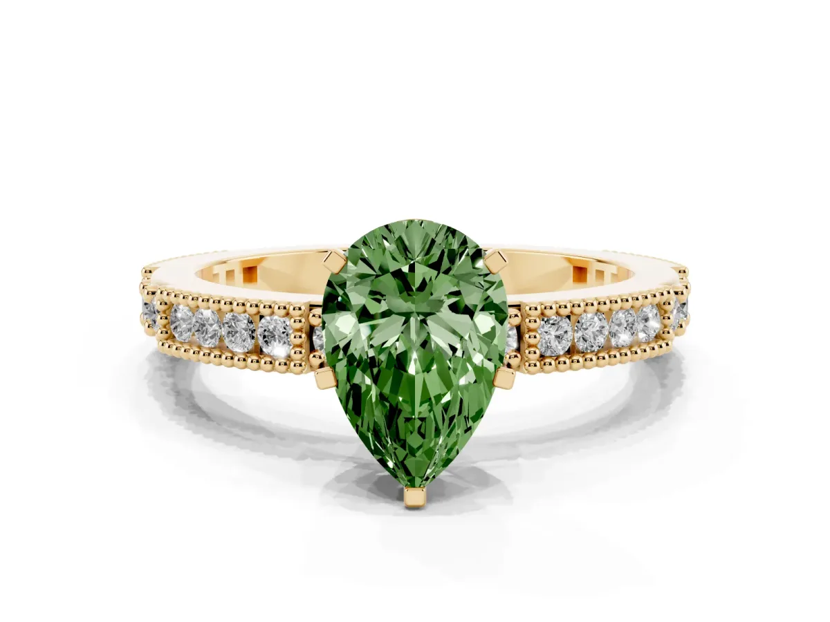 Fancy Green Pear Cut Solitaire with Pavé Band and Four-Prong Setting Yellow gold
