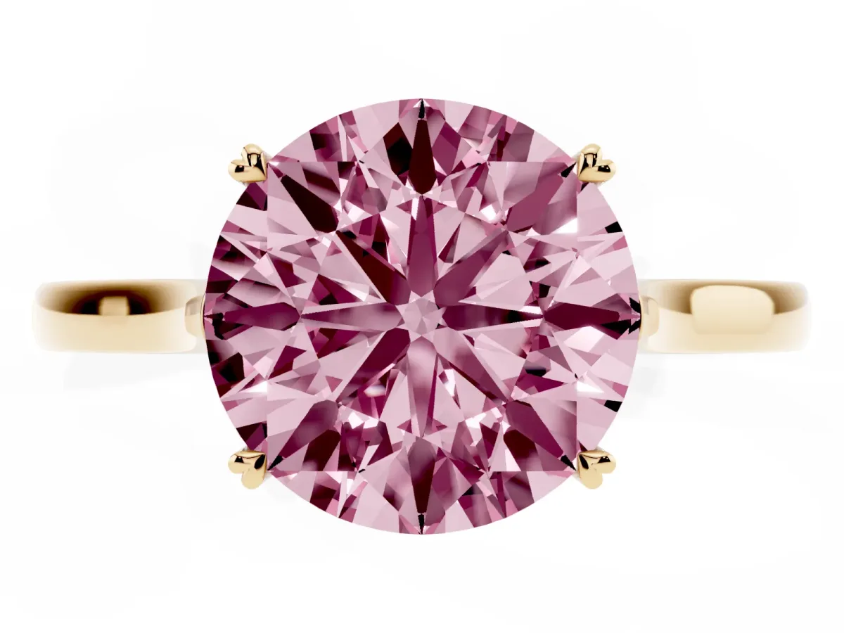 Fancy Pink Round Cut Solitaire Heart Prong Engagement Ring with Tapered Band Yellow gold