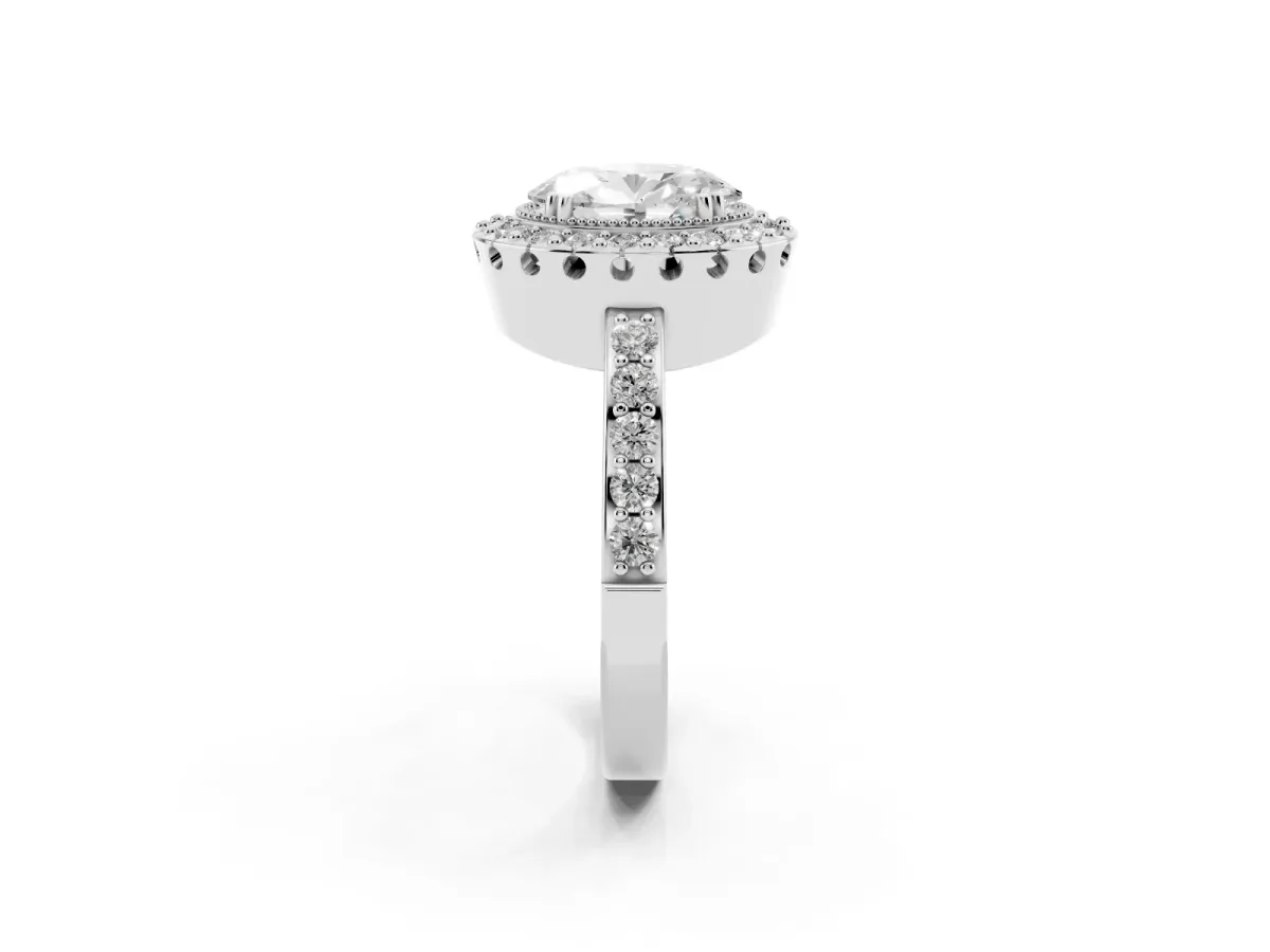 Oval Cut Diamond Halo Ring with Pavé Band and Prong Setting Silver