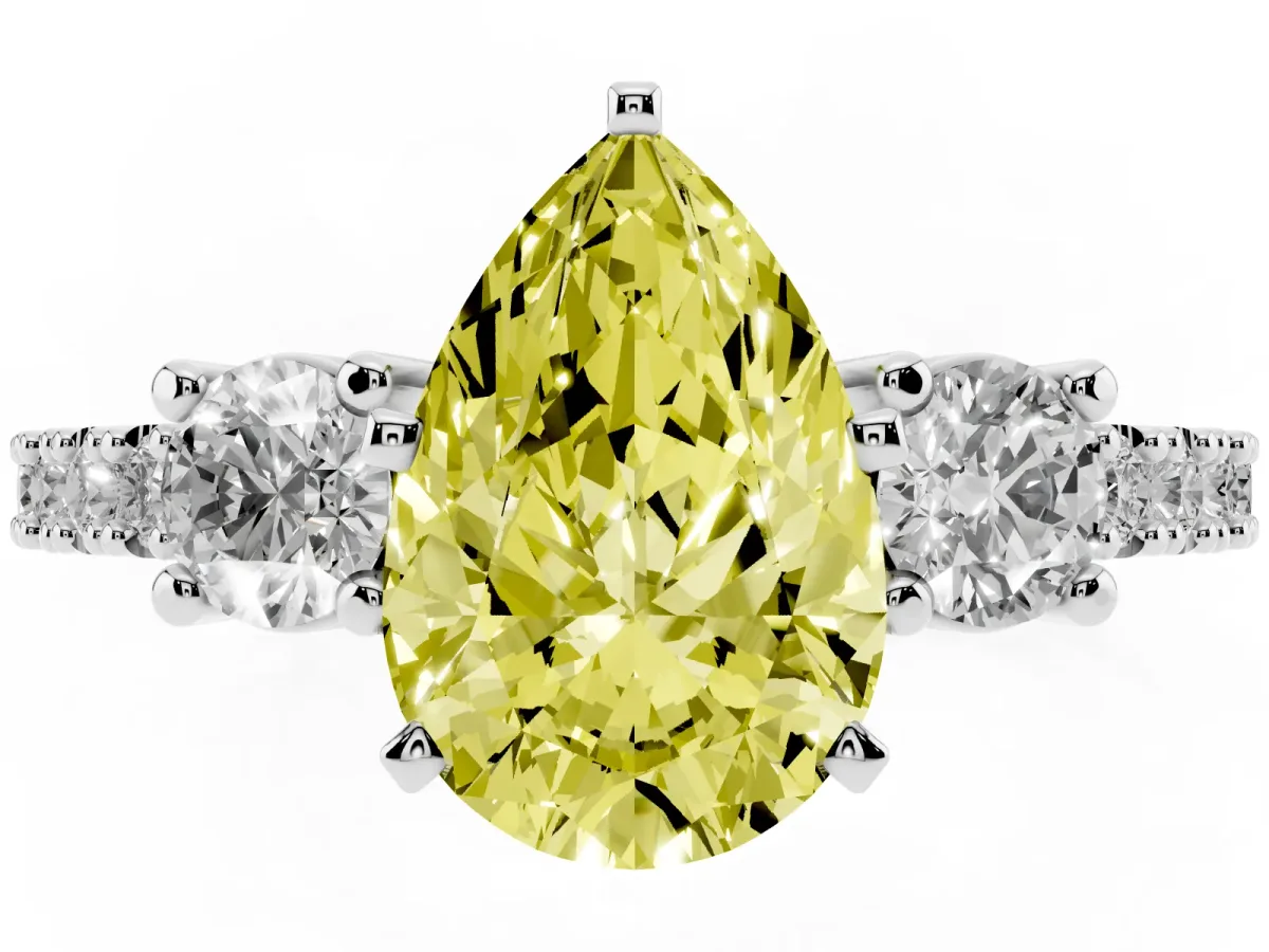 Fancy Yellow Pear Cut Three-Stone Diamond Pavé Band with Prong Setting Silver