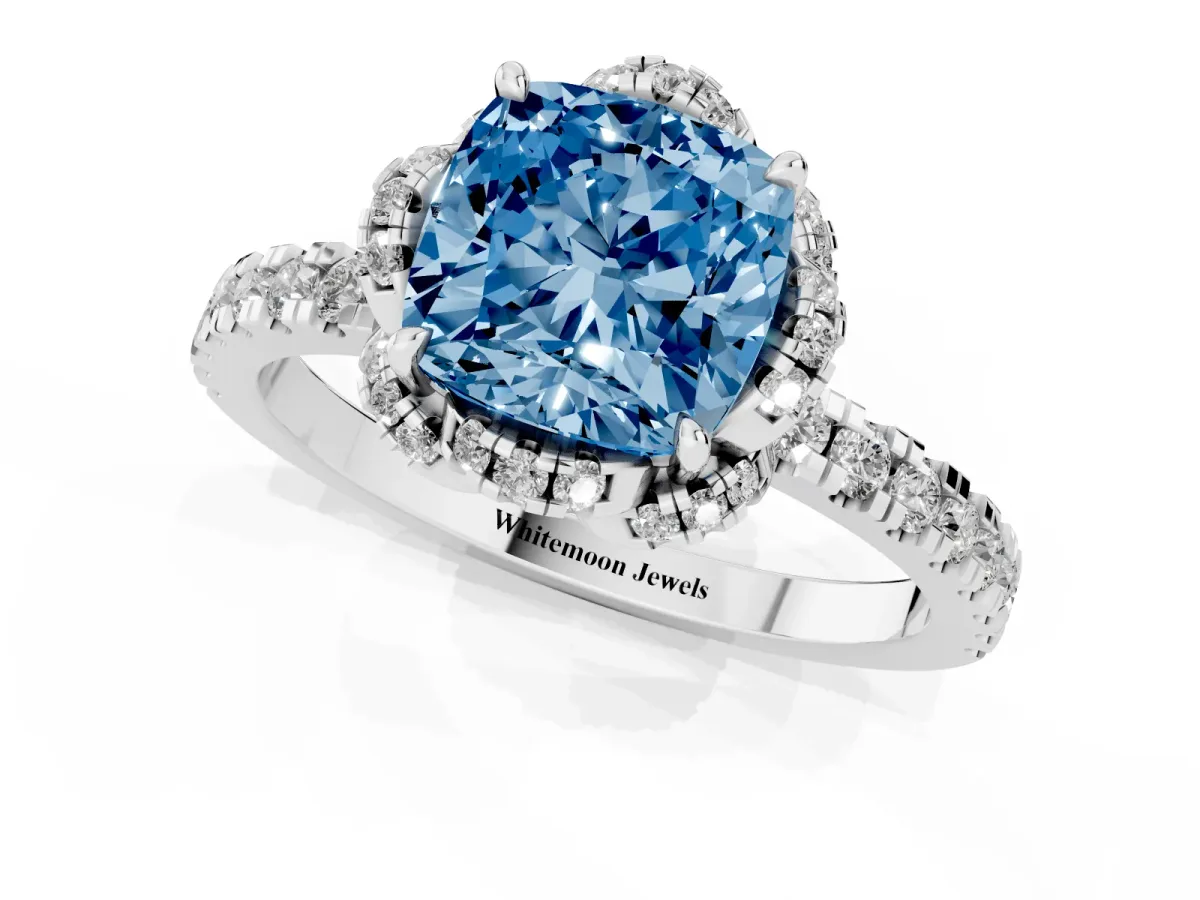 Fancy Blue Cushion Cut Halo Diamond Pave Band Ring with Four-Prong Setting Silver