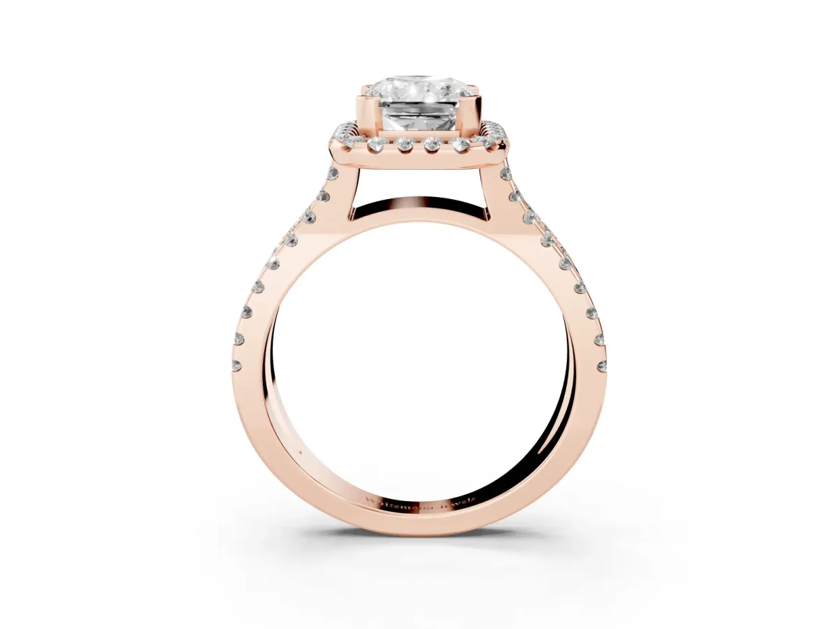 Radiant Cut Diamond Halo Ring with Split Shank Pavé Band and Prong Setting Rose gold