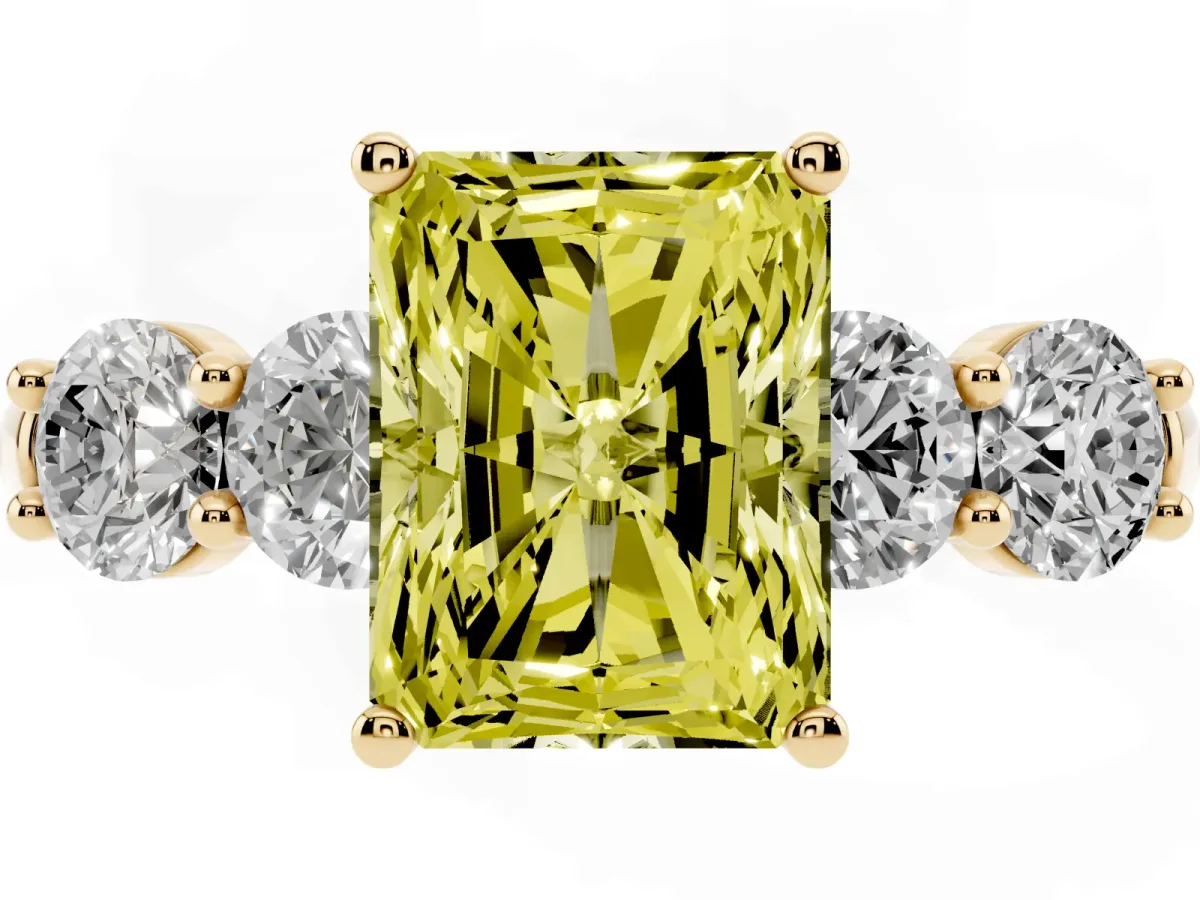 Fancy Yellow Radiant Cut Cut Five-Stone Prong Set Diamond Ring with Classic Band Yellow gold