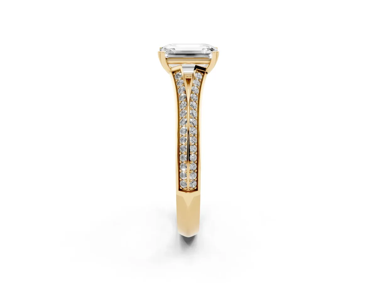 Emerald Cut Diamond Split Shank Engagement Ring with Pavé Band Yellow gold