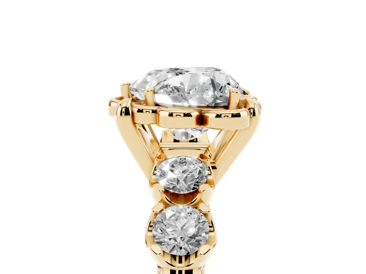 Heart Cut Cut Diamond Floral Halo Engagement Ring with Shared Prong Setting Yellow gold