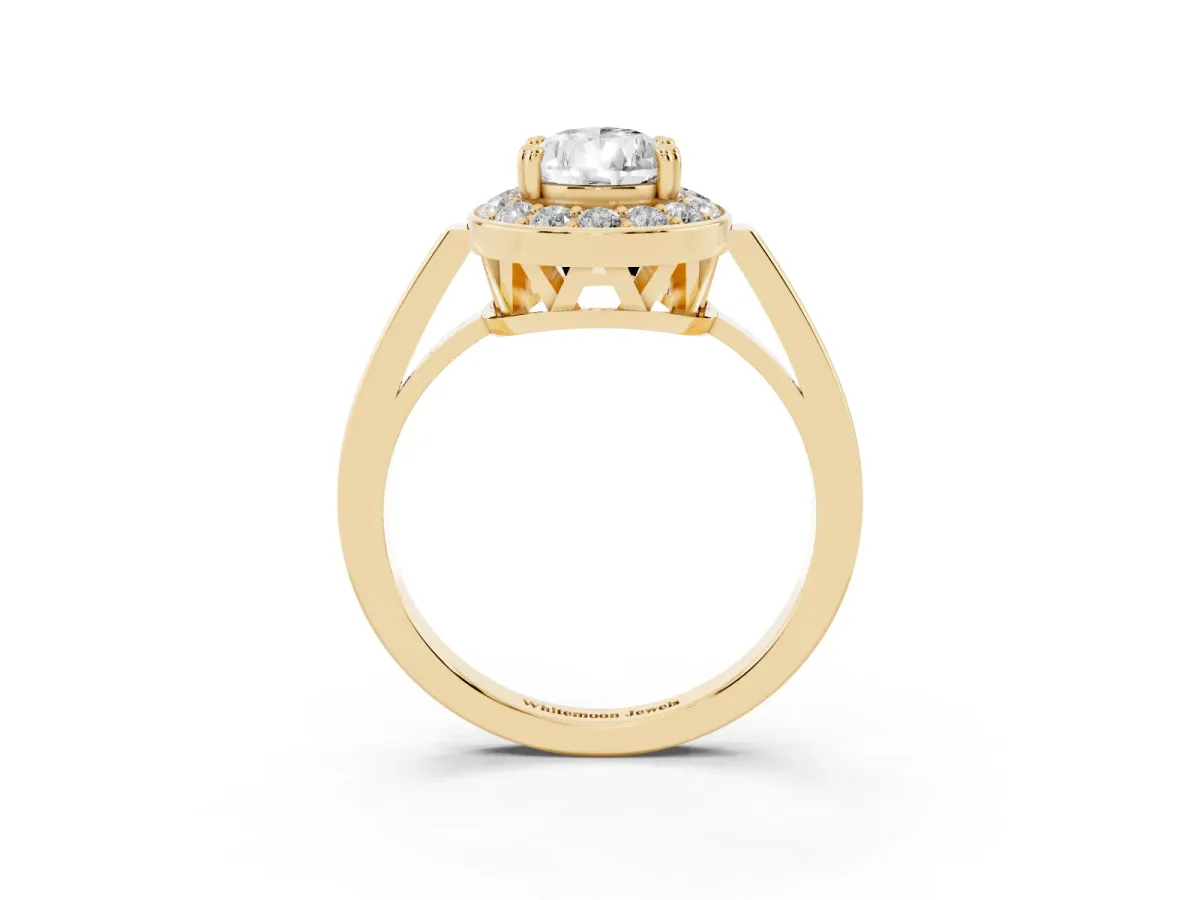 Pear Cut Diamond Halo Ring with Split Shank and Four-Prong Setting Yellow gold