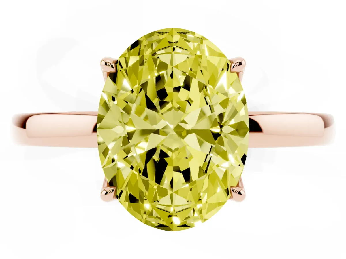 Fancy Yellow Oval Cut Diamond Solitaire Ring with Thin Band and Prong Setting Rose gold