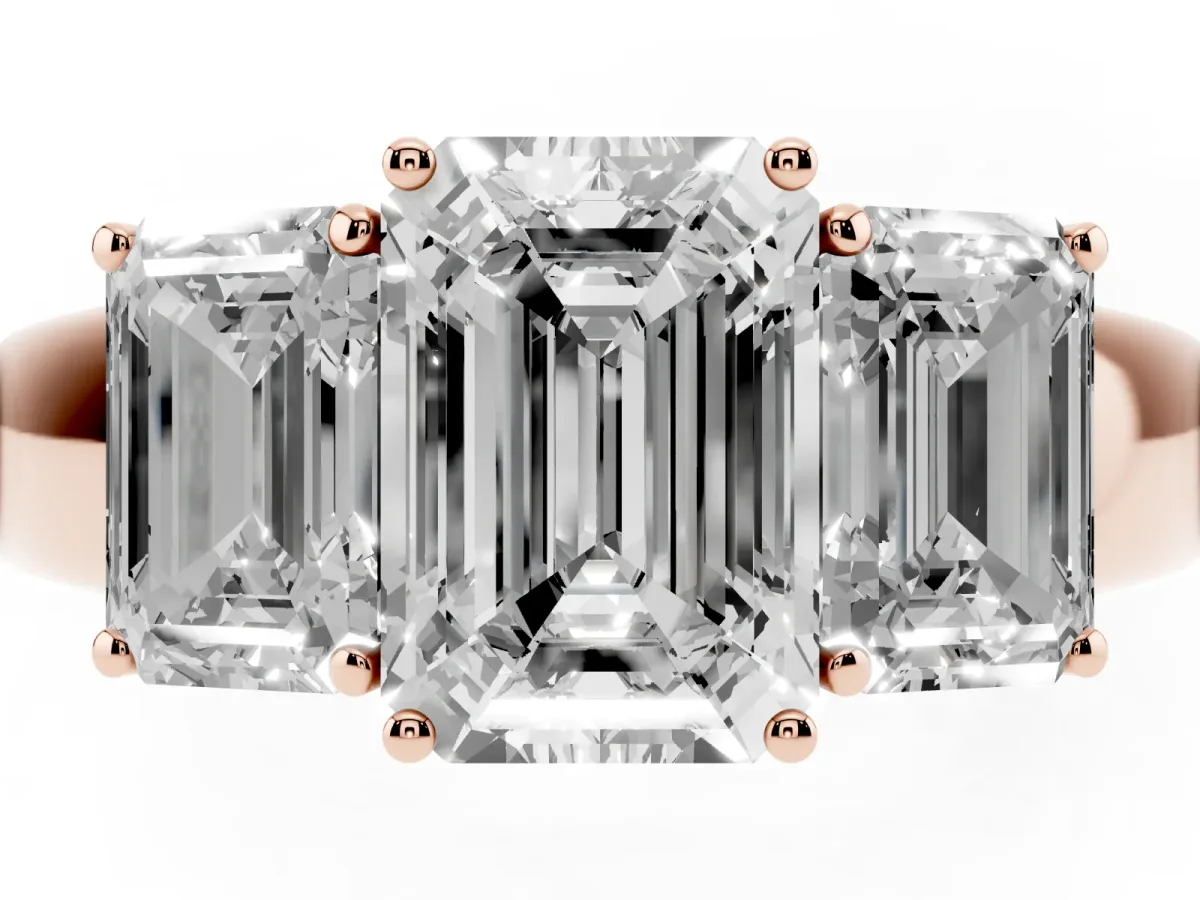 Three-Stone Emerald Cut Cut Diamond Ring with Prong Setting and Classic Band Rose gold