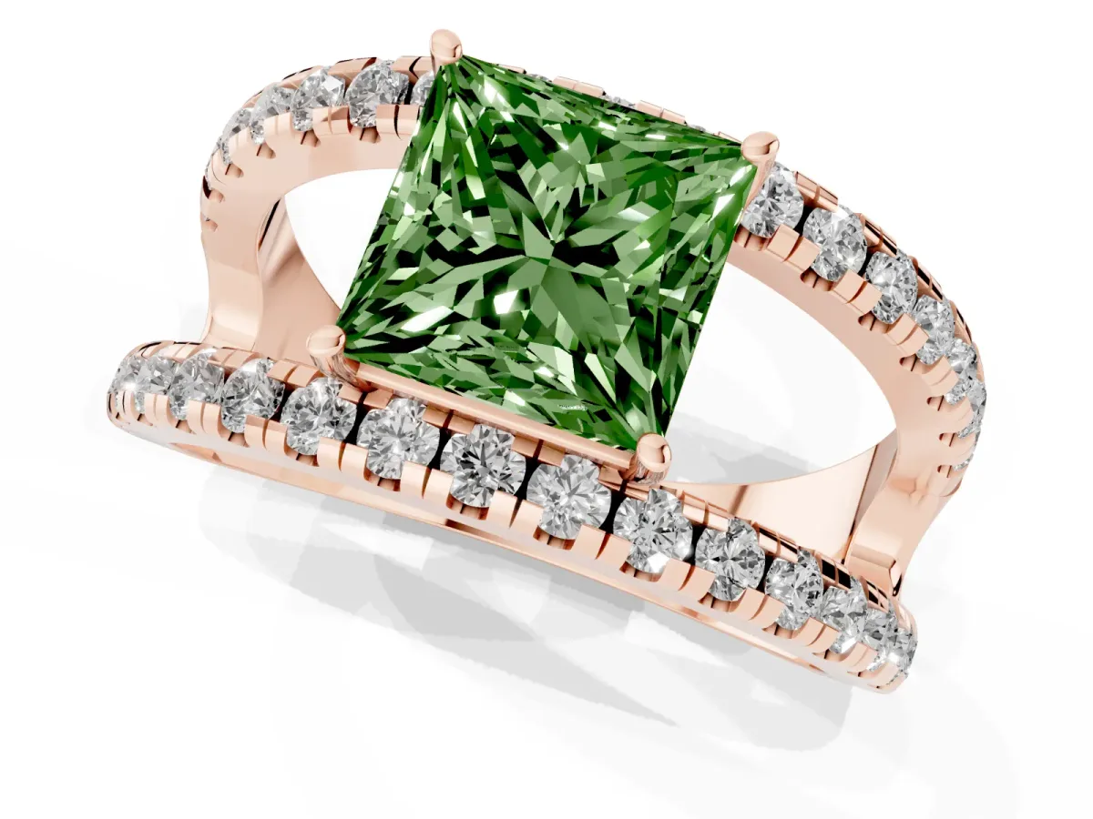 Fancy Green Princess Cut Solitaire Split Shank Pave Diamond Ring Rose gold