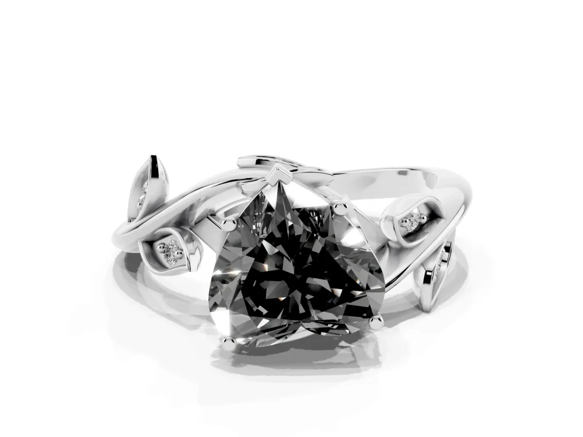 Fancy Black Heart Cut Solitaire Twist Engagement Ring with Leaf Accents and Prong Setting Platinum