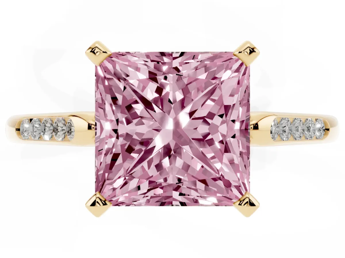 Fancy Pink Princess Cut Diamond Solitaire Ring with Channel Set Round Band and Prong Setting Yellow gold