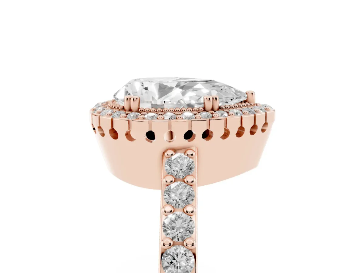 Pear Cut Cut Diamond Halo Engagement Ring with Milgrain Detail and Pavé Band Rose gold