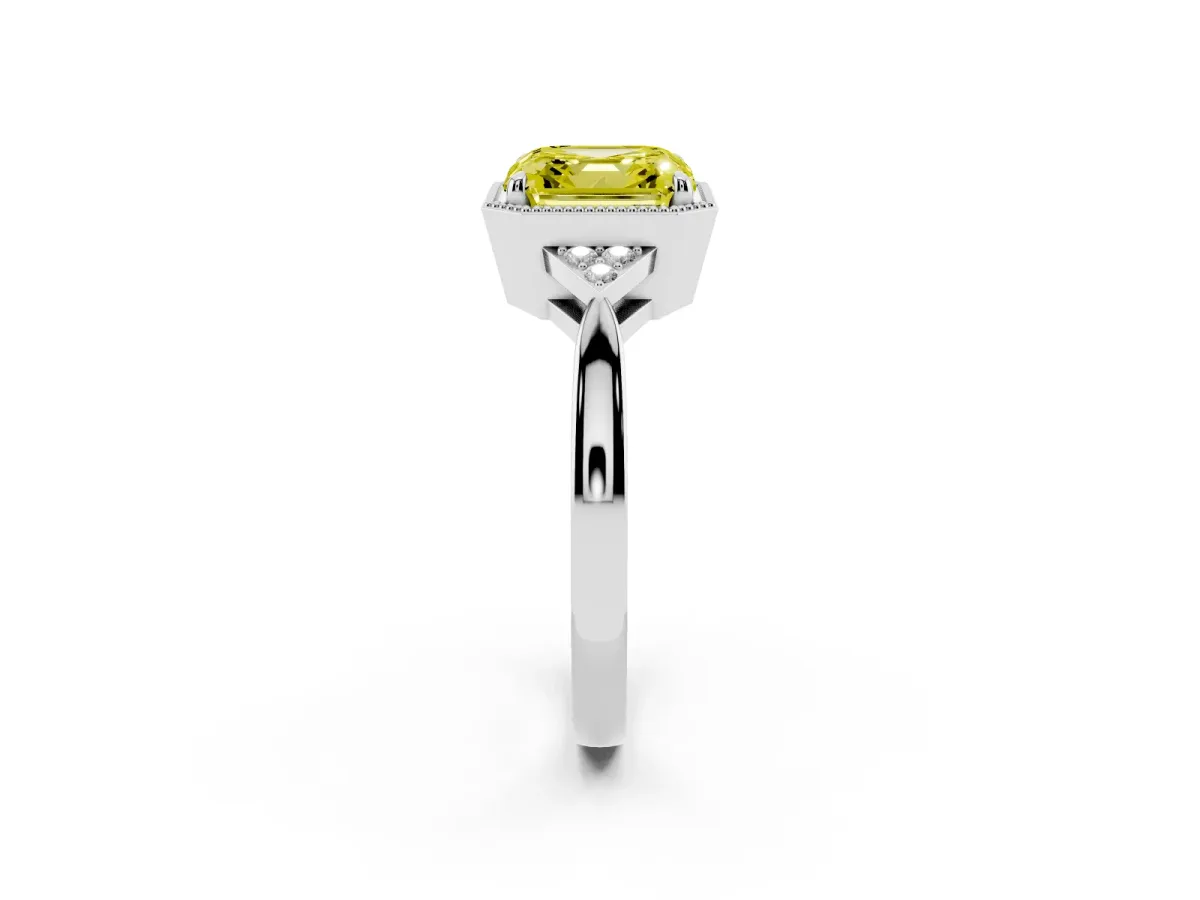 Fancy Yellow Milgrain Asscher Cut Cut Diamond Ring with Tapered Pave Band and Four Prong Setting White gold