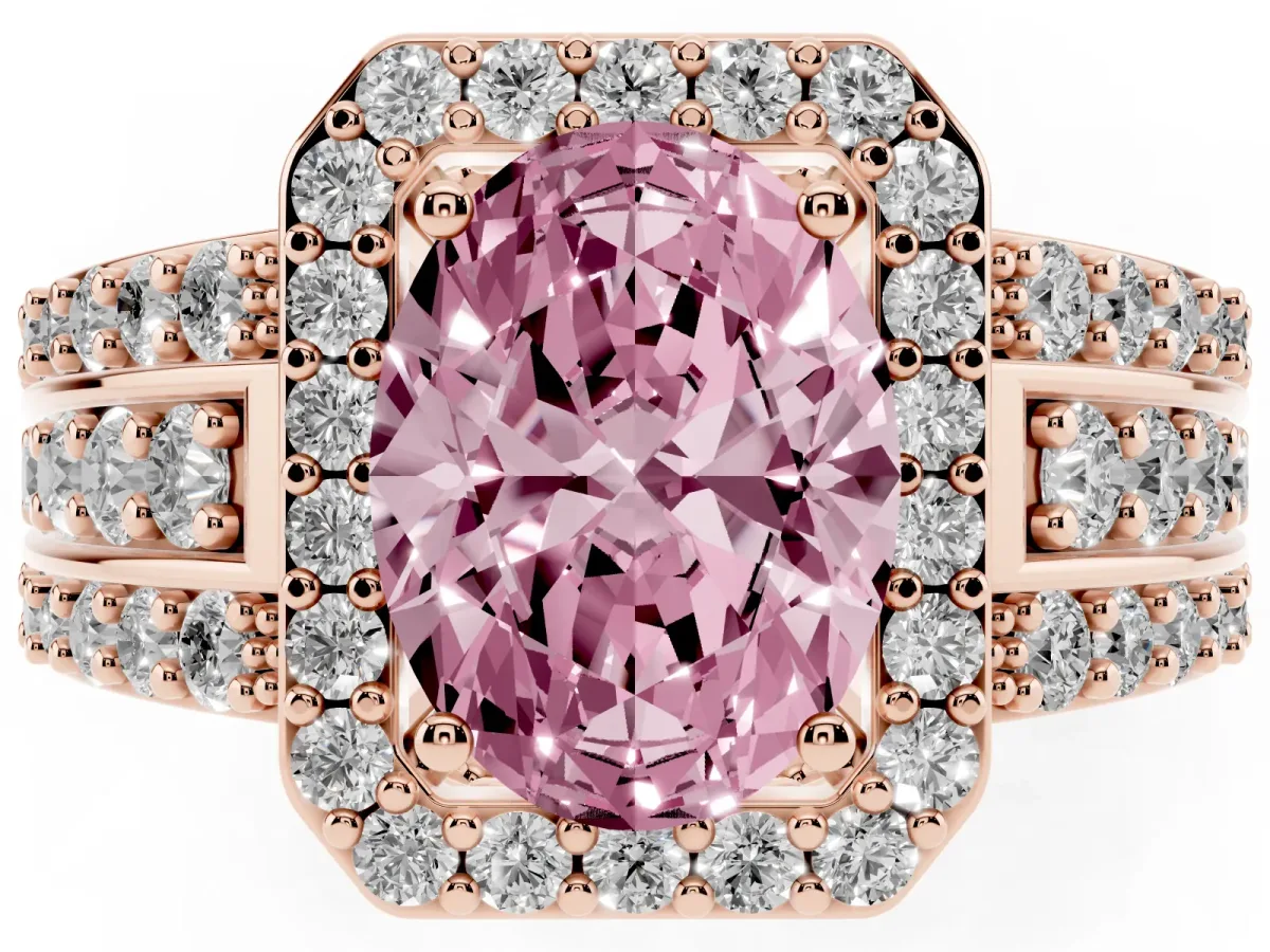 Fancy Pink Oval Cut Halo Diamond Ring with Round Split Shank and Prong Setting Rose gold