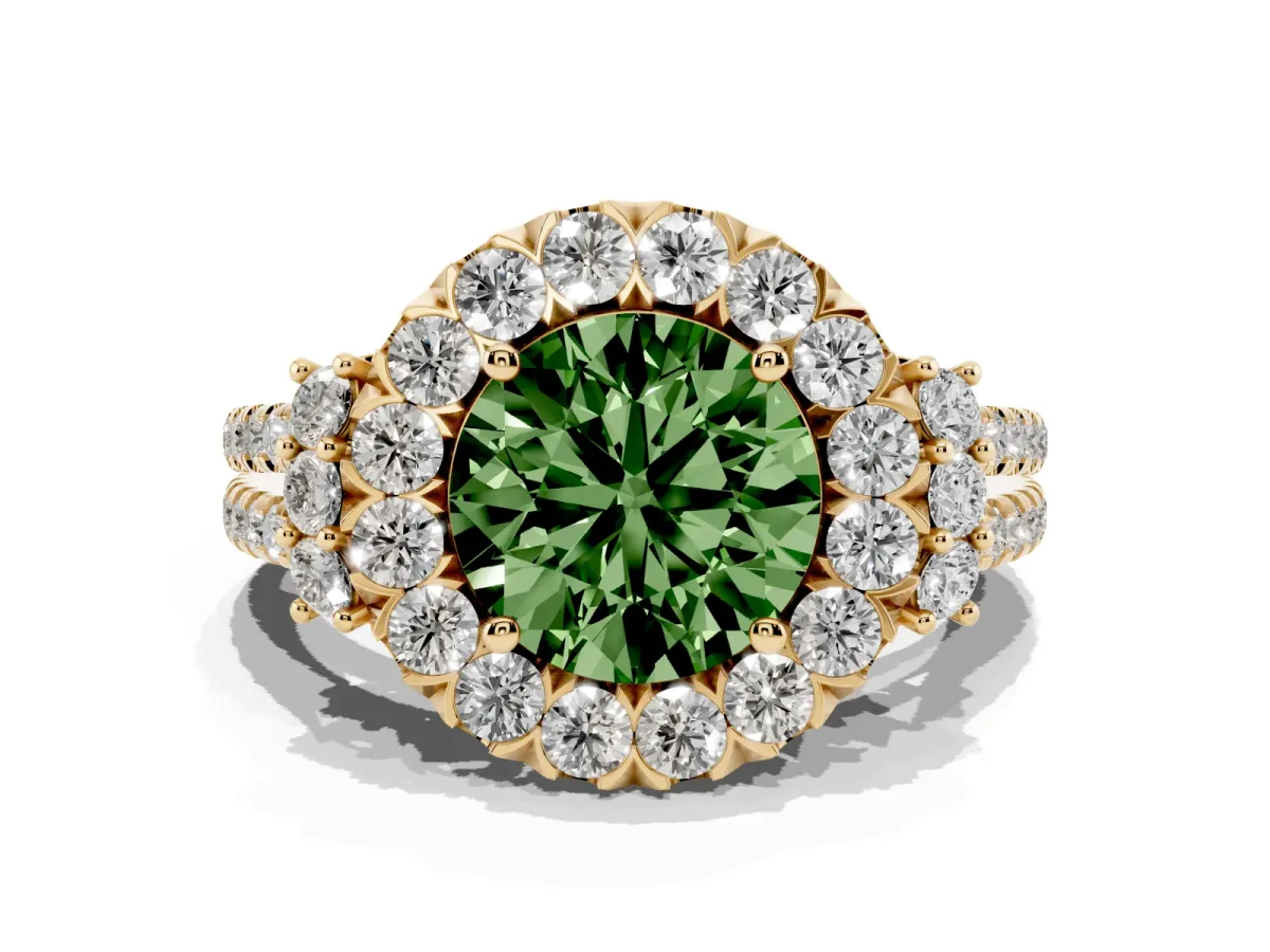 Fancy Green Round Cut Cut Double Halo Diamond Engagement Ring with Pave Band and Four-Prong Setting Yellow gold