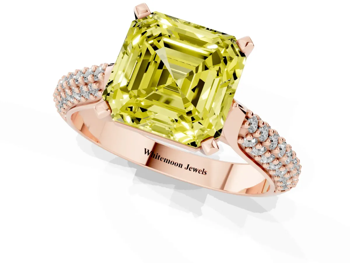 Fancy Yellow Asscher Cut Diamond Solitaire Engagement Ring with Multi-Row Round Pavé Band and Prong Setting Rose gold
