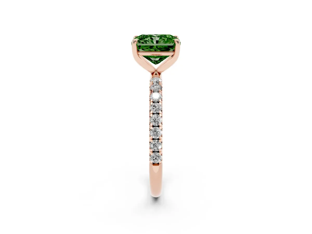 Fancy Green Radiant Cut Cut Diamond Solitaire Ring with Micro Pave Band and Four Prong Setting Rose gold