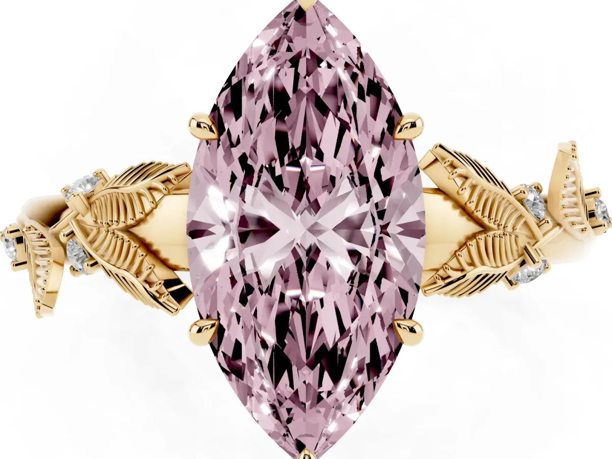 Fancy Pink Marquise Cut Diamond Solitaire Ring with Leaf Motif Band and Four-Prong Setting Yellow gold