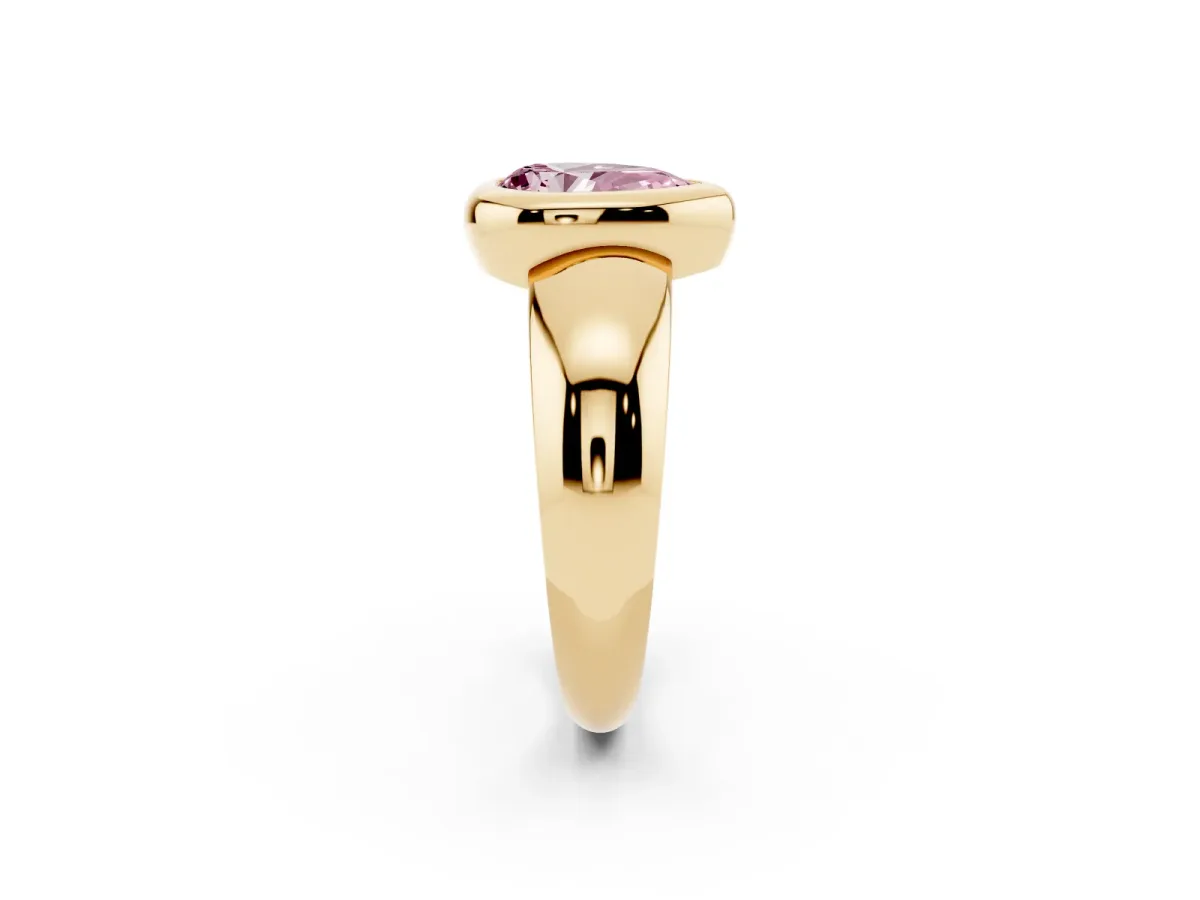 Fancy Pink Bezel Set Pear Cut Solitaire Ring with Wide Band Yellow gold