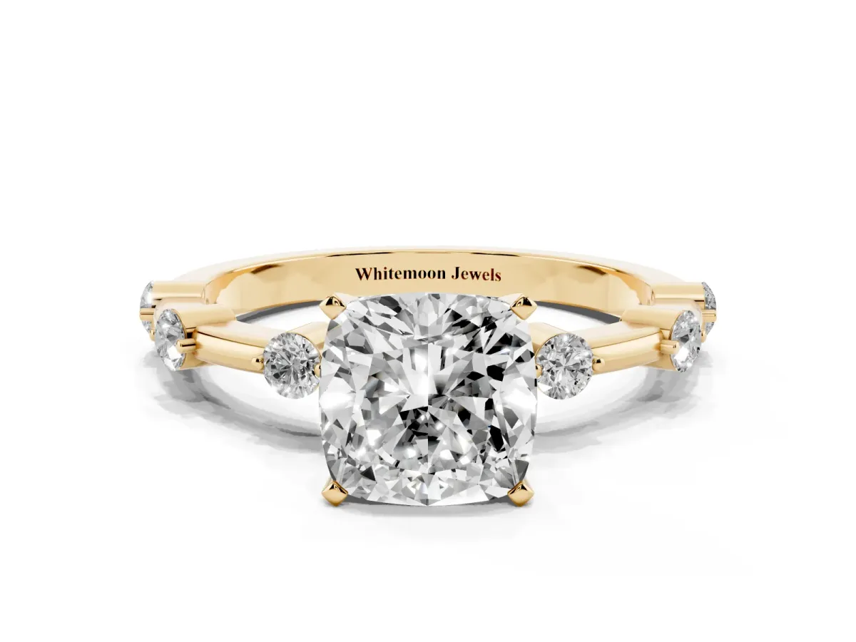 Cushion Cut Solitaire Diamond Ring with Bezel Set Side Stones and Prong Setting Yellow gold