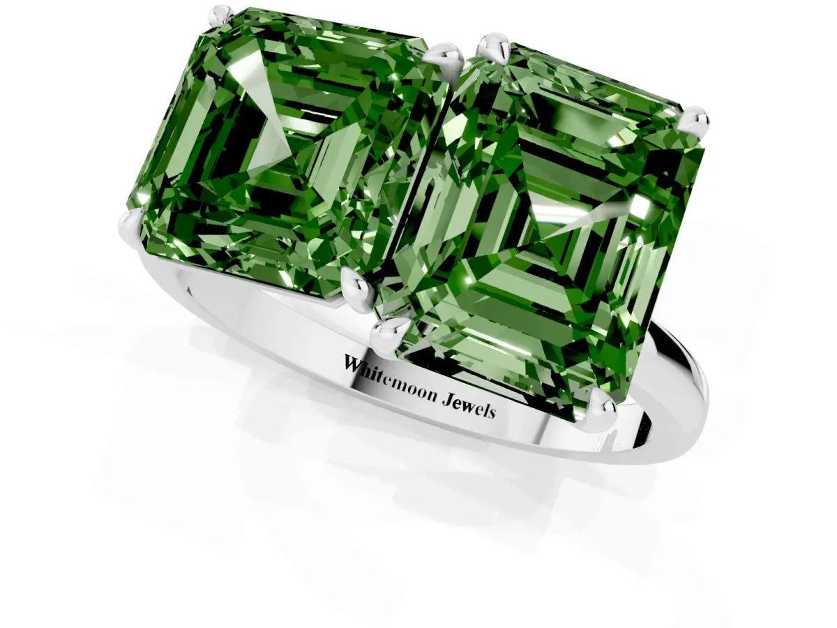 Fancy Green Asscher Cut and Emerald Cut Toi Moi Ring with Prong Setting Platinum