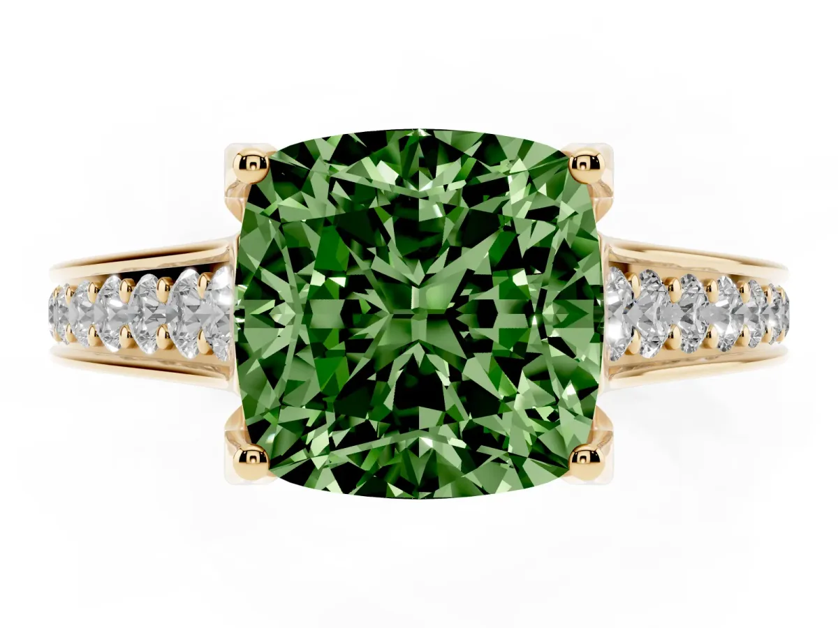 Fancy Green Cushion Cut Brilliant Cut Diamond Engagement Ring with Pavé Band and Four-Prong Setting Yellow gold