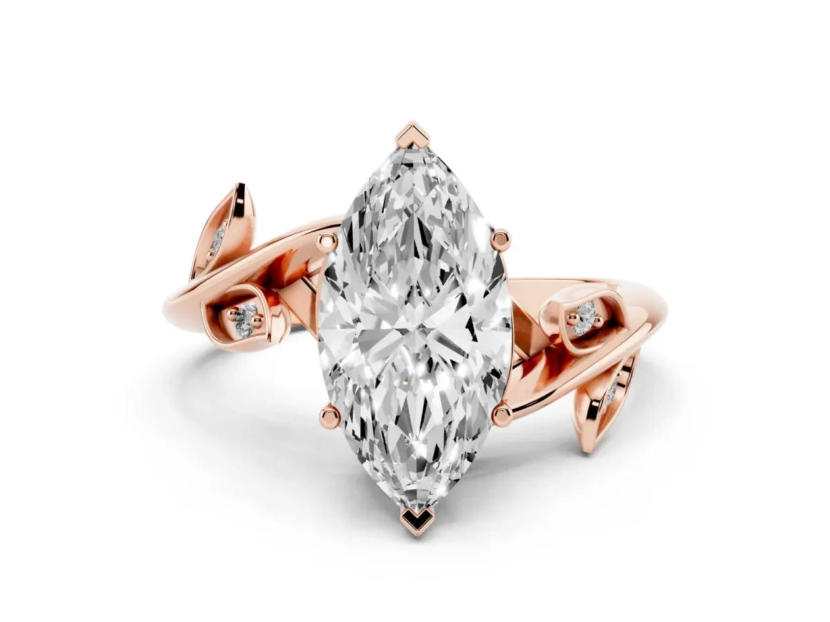 Marquise Cut Solitaire Twist Engagement Ring with Leaf Accents and Prong Setting Rose gold