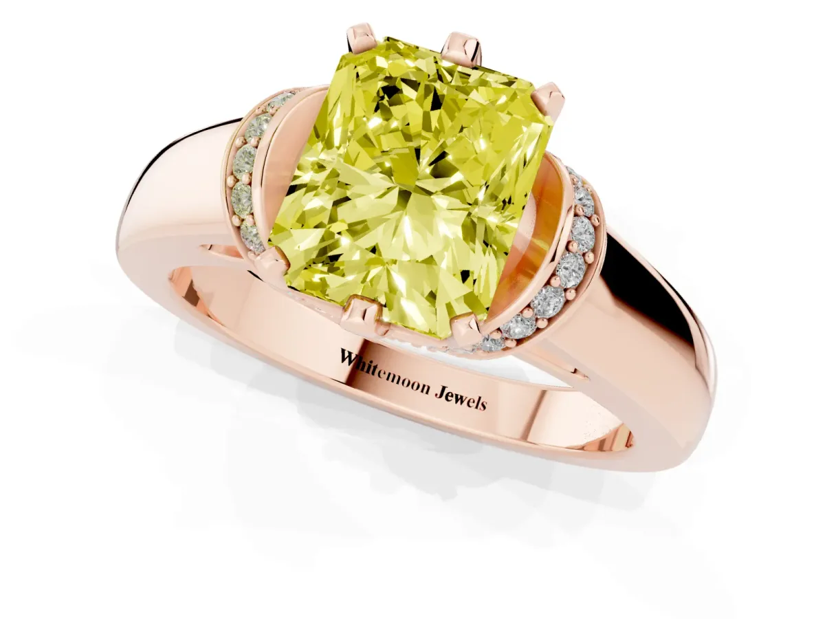 Fancy Yellow Radiant Cut Solitaire Diamond Ring with Pave Band and Six-Prong Setting Rose gold