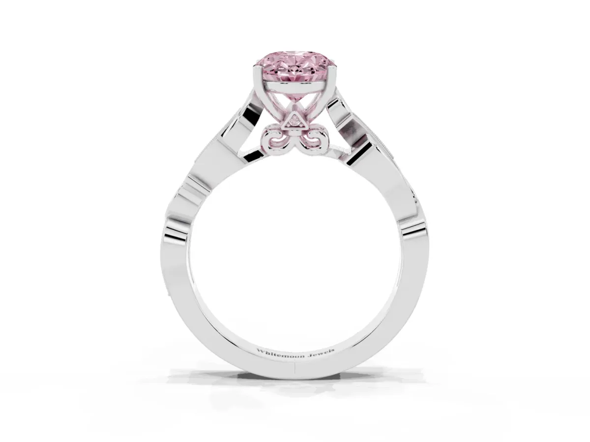 Fancy Pink Oval Cut Solitaire Vine Band with Milgrain Prong Setting Silver