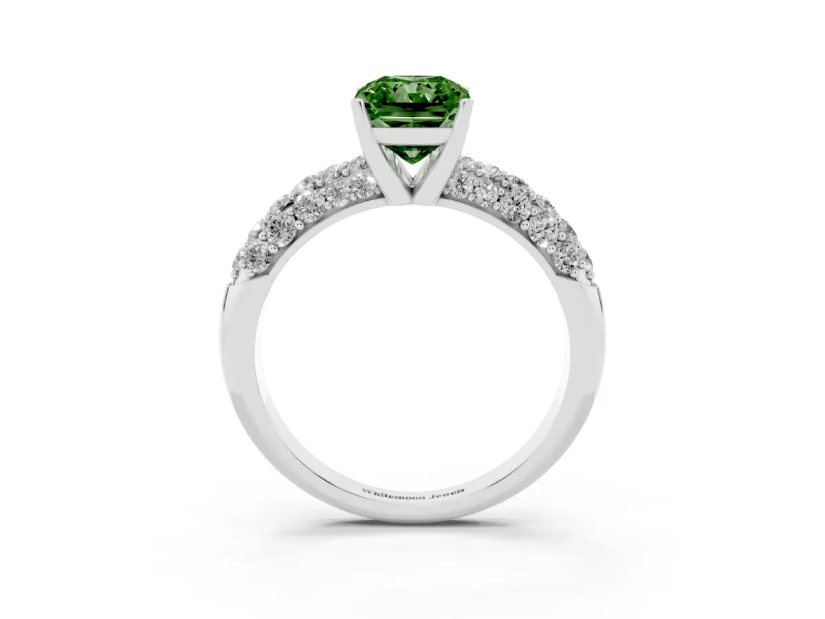 Fancy Green Radiant Cut Diamond Pavé Band Solitaire Ring with Four-Prong Setting Silver