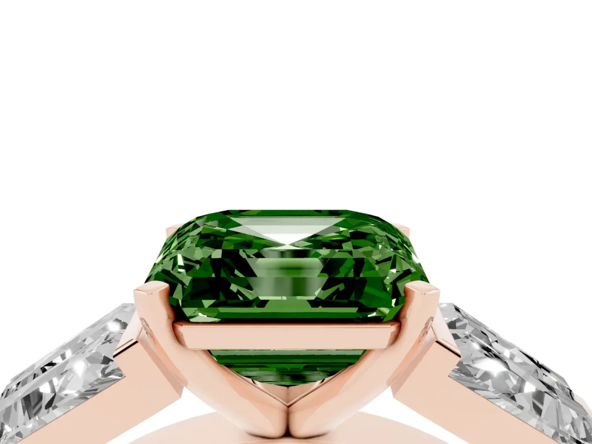 Fancy Green Asscher Cut Diamond Engagement Ring with Baguette Side Stones and Channel Set Band Rose gold