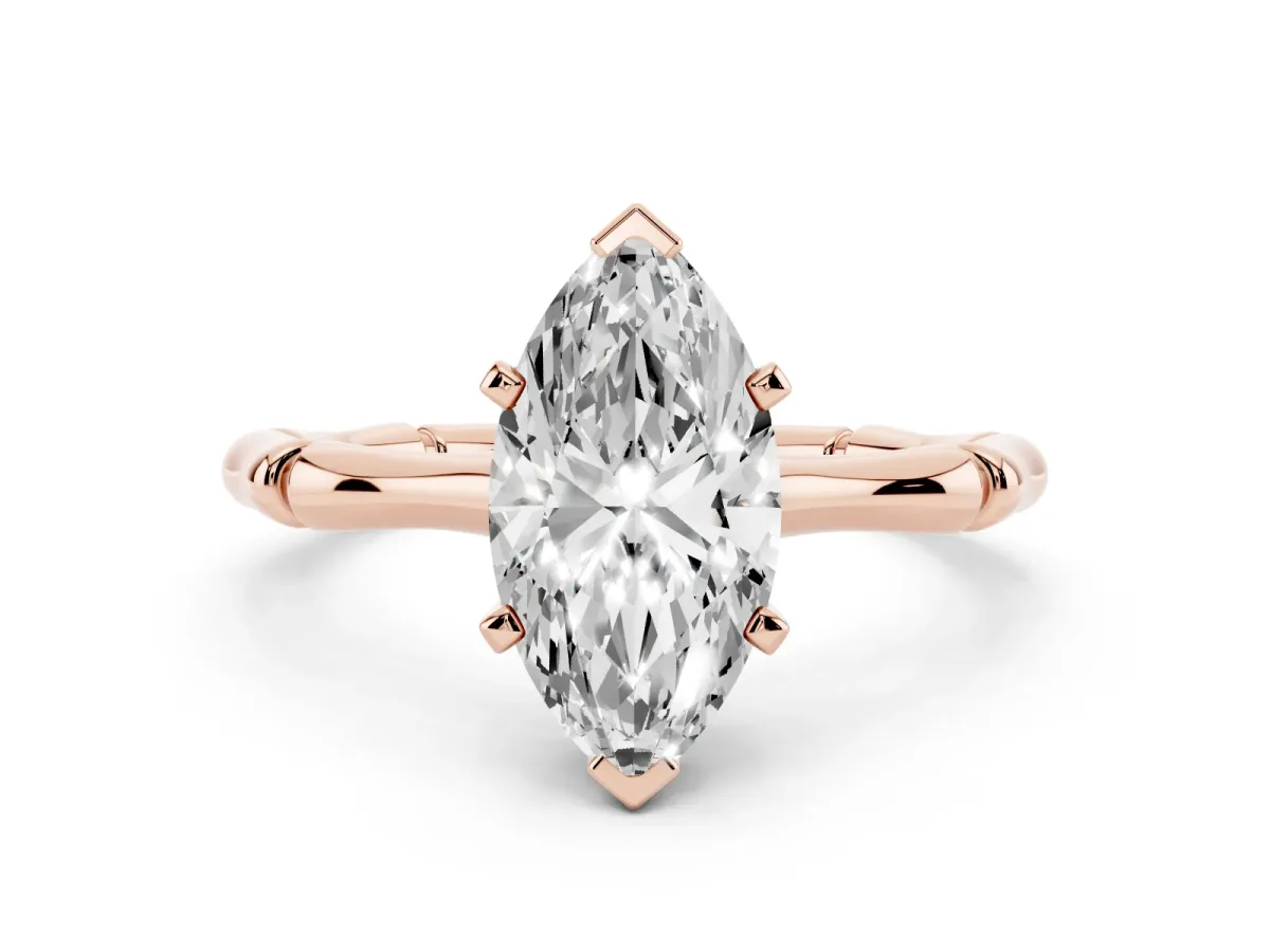 Marquise Cut Solitaire Diamond Ring with Bamboo Band and Four-Prong Setting Rose gold