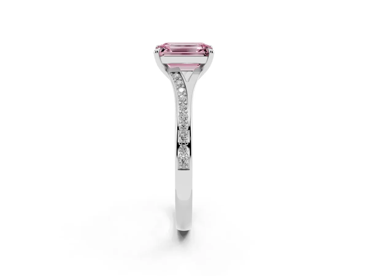 Fancy Pink Emerald Cut Diamond Solitaire Ring with Pavé Band and Prong Setting Silver