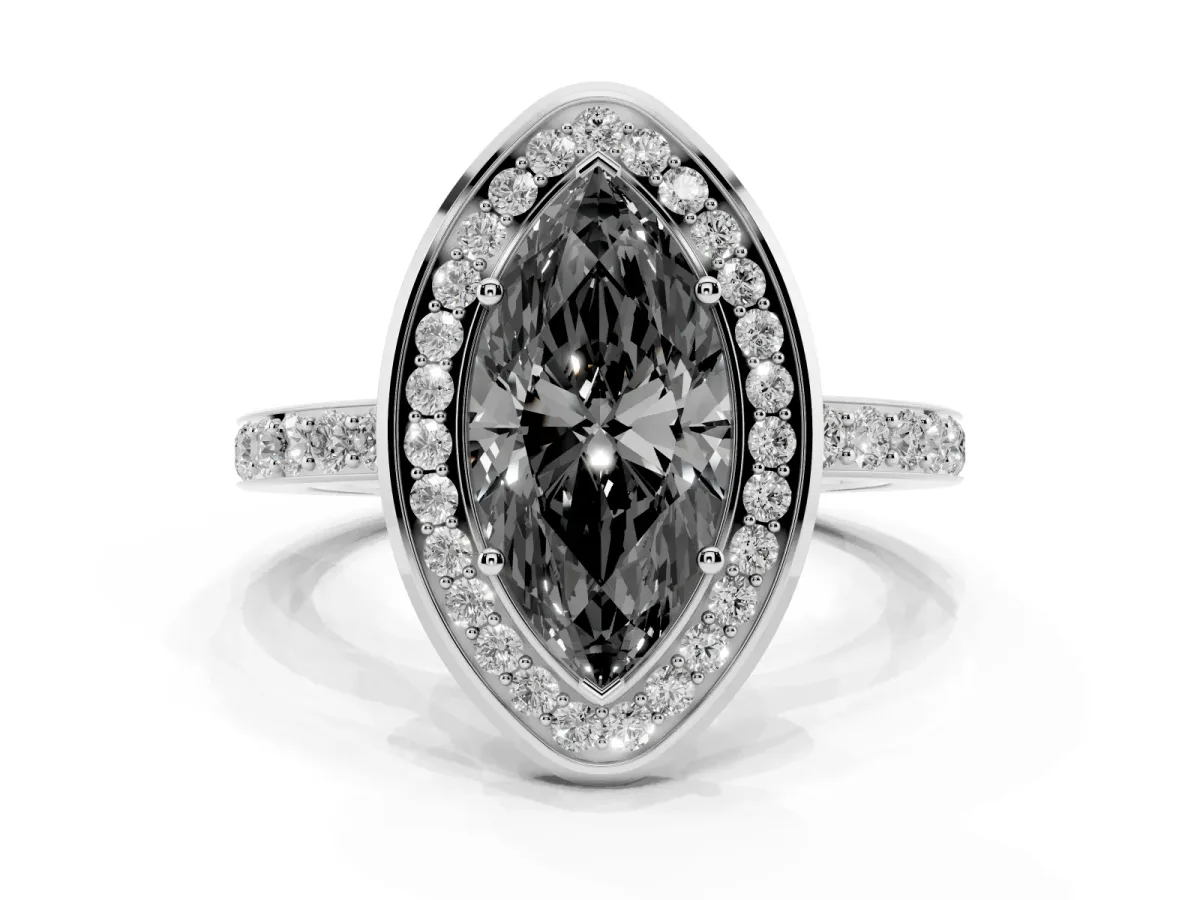 Fancy Black Marquise Cut Diamond Halo Ring with Bezel Frame and Pavé Band Silver