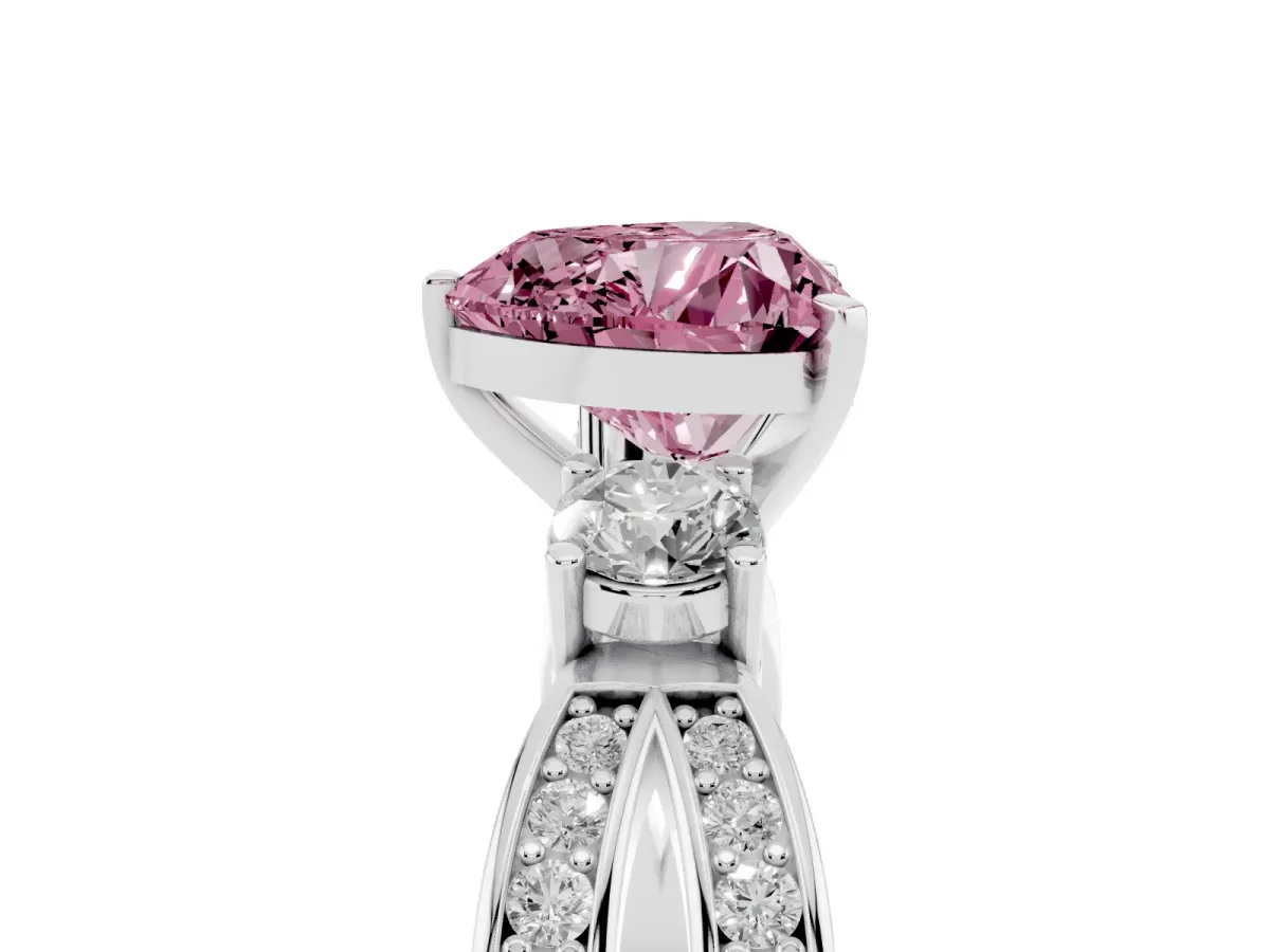 Fancy Pink Three-Stone Heart Cut Cut Diamond Twist Band with Prong Setting Silver