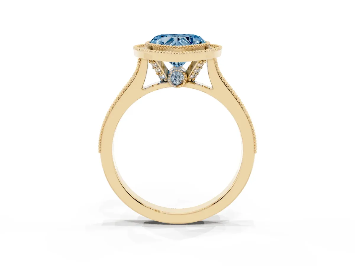 Fancy Blue Halo Heart Cut-Cut Diamond Pave Band Milgrain Prong Setting Ring Yellow gold