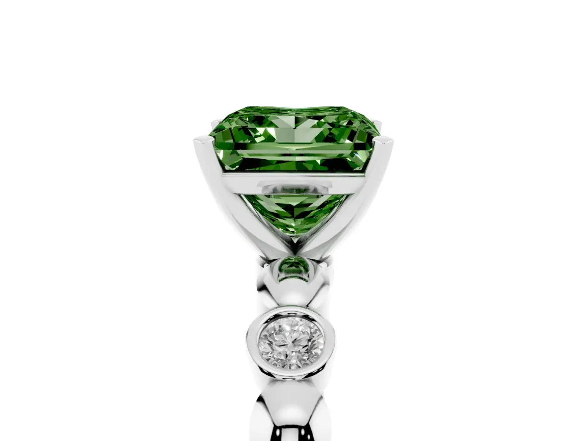 Fancy Green Princess Cut Solitaire Bezel-Set Diamond Ring with Beaded Band and Four-Prong Setting Silver