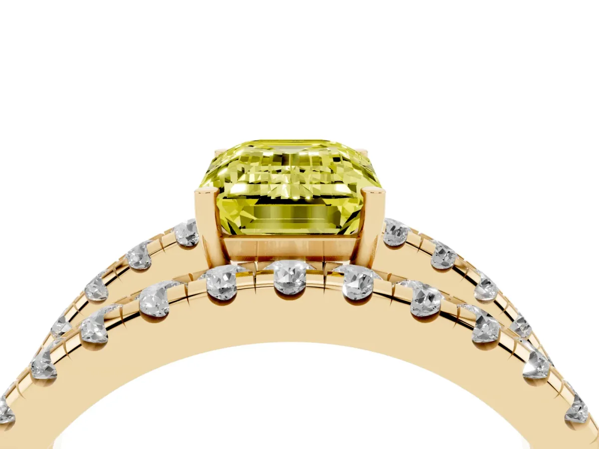 Fancy Yellow Emerald Cut Solitaire Split Shank Pave Diamond Ring Yellow gold