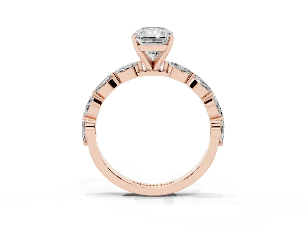 Radiant Cut Diamond Ring with Marquise Side Stones and Prong Setting Rose gold