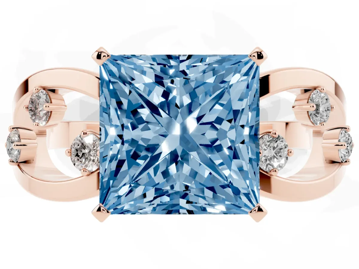 Fancy Blue Princess Cut Cut Solitaire Diamond with Side Stones on Criss-Cross Band and Four-Prong Setting Rose gold