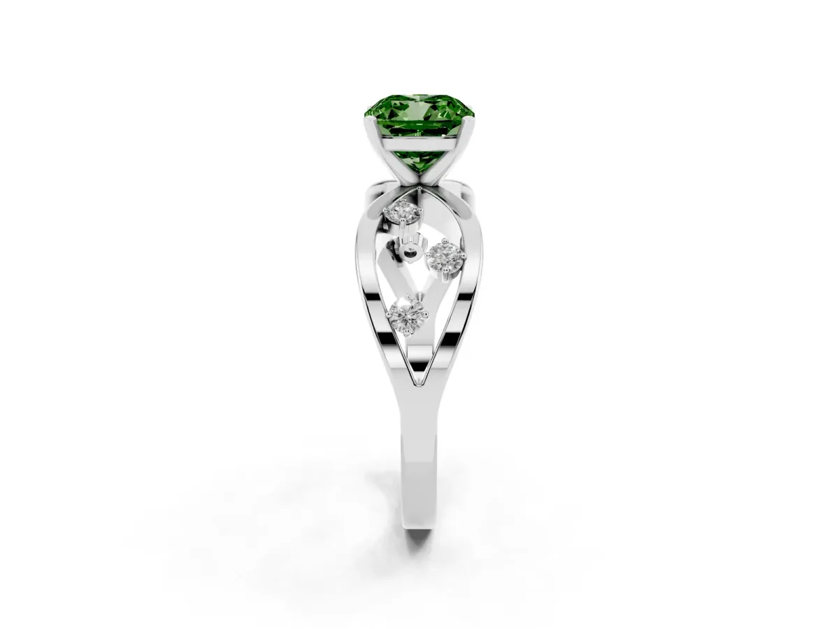 Fancy Green Cushion Cut Cut Solitaire Diamond with Side Stones on Criss-Cross Band and Four-Prong Setting Silver