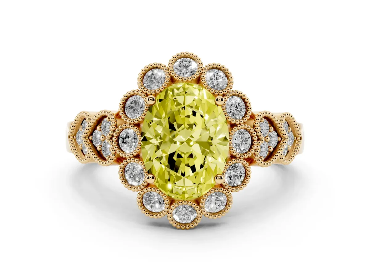 Fancy Yellow Oval Cut Brilliant Milgrain Pave Heart Band Solitaire Ring Yellow gold