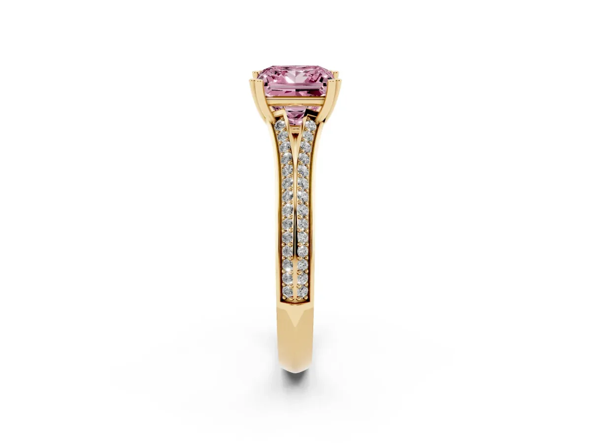Fancy Pink Princess Cut Diamond Split Shank Engagement Ring with Pavé Band Yellow gold