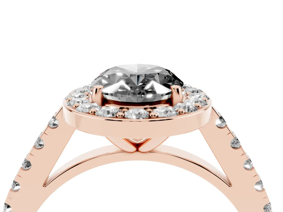 Fancy Black Oval Cut Diamond Halo Ring with Round Pavé Split Shank and Prong Setting Rose gold
